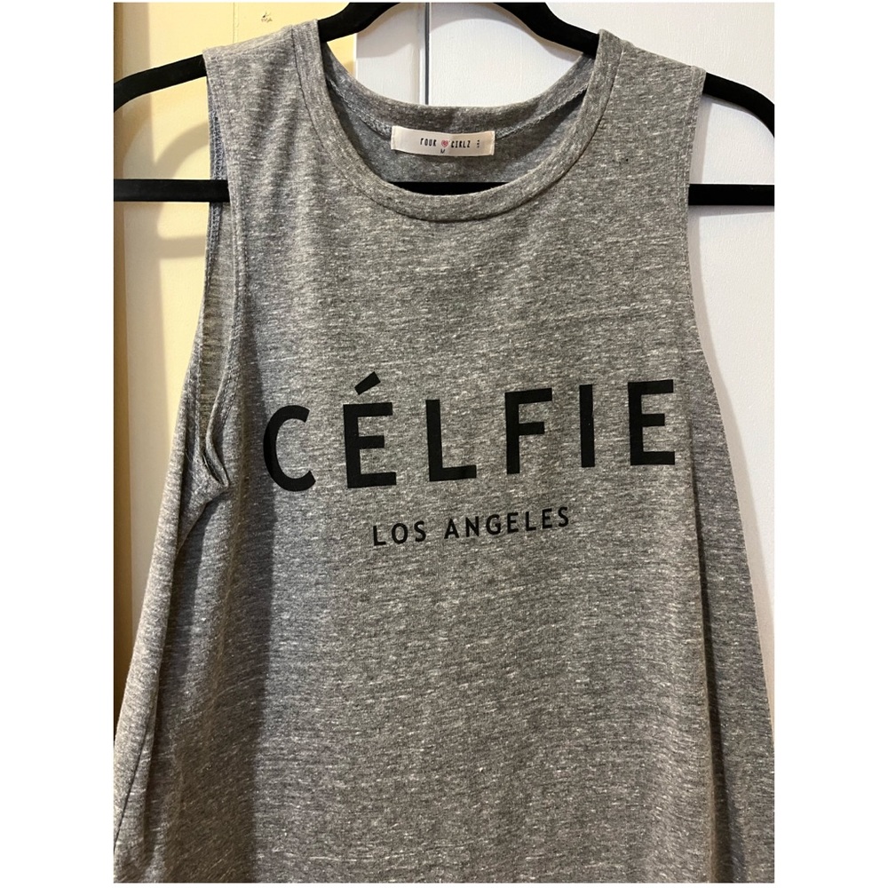 -Gray graphic “celfie” tank top. No brand.